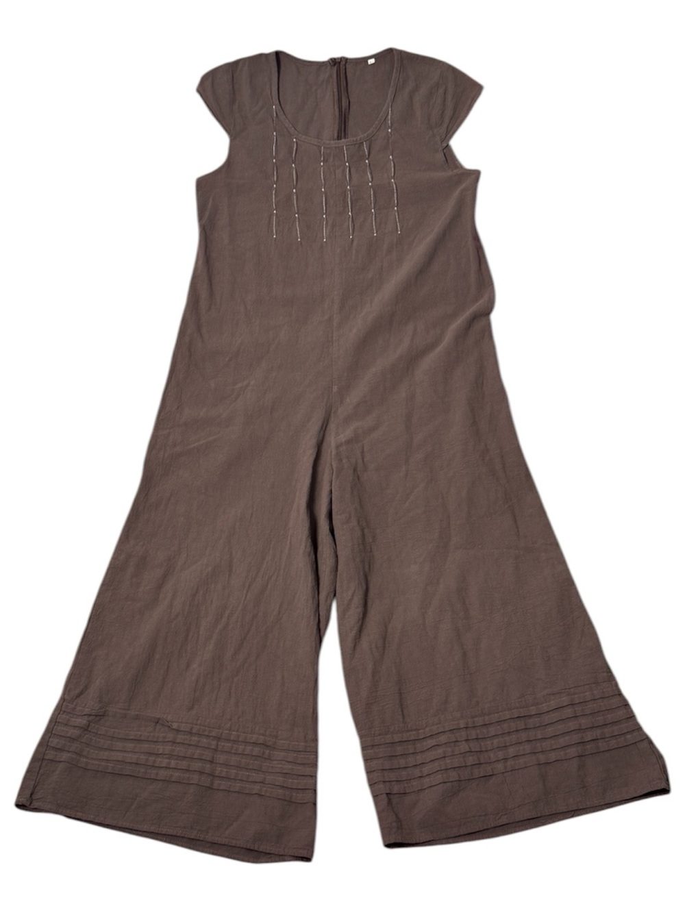 Brown Wide Leg Jumpsuit Beaded Pintuck Boho Lagenlook Size M